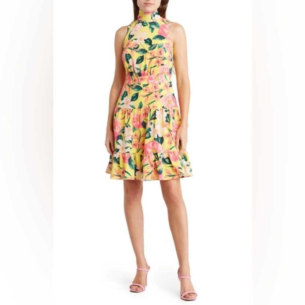NWT-ELIZA J-Floral Mock Neck Minidress In Yellow- Size 16W
